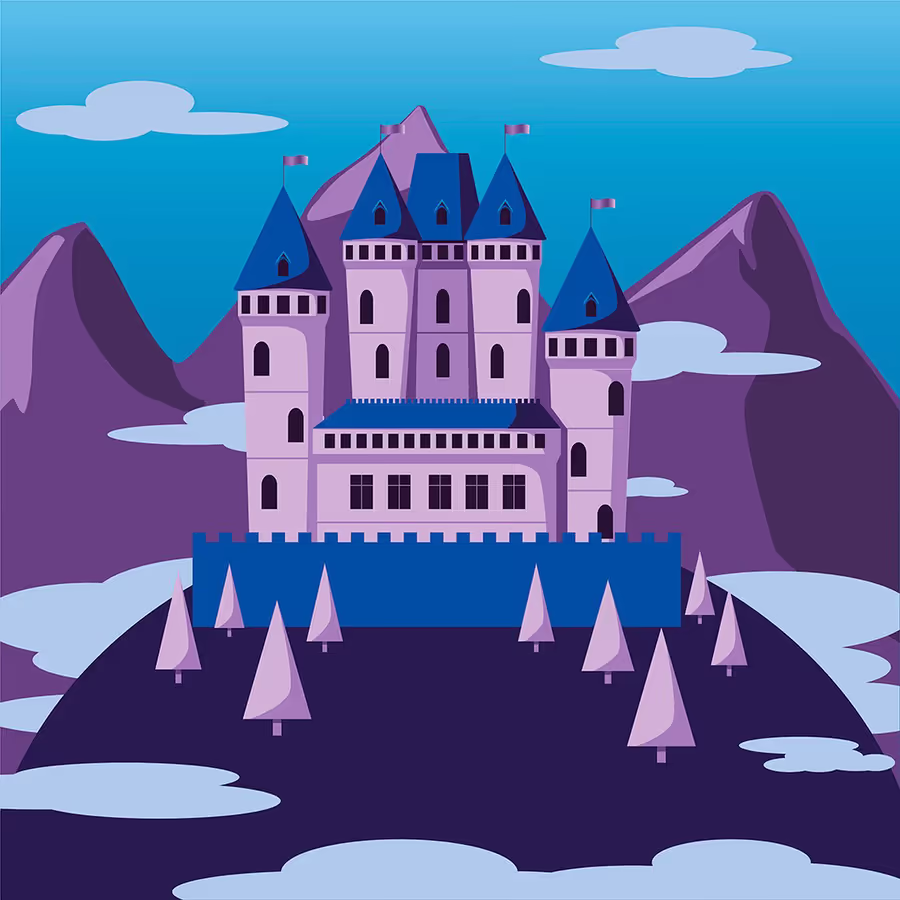 Красивый замок расположенный среди гор и хвойных деревьев