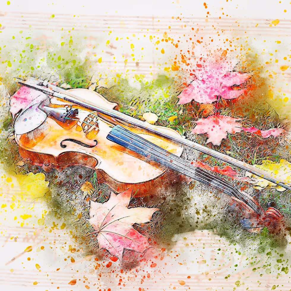 Красивая скрипка в окружении осенних листьев выполненная в акварельной технике