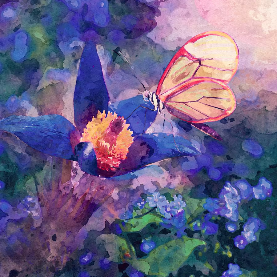 Красивая акварельная иллюстрация бабочки питающейся нектаром с цветка ириса