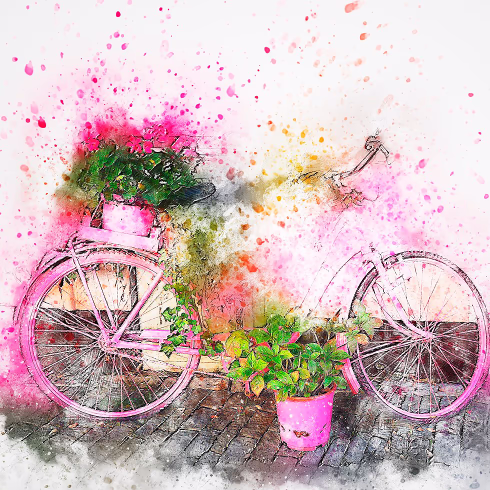 Красивый акварельный рисунок розового велосипеда украшенного цветами