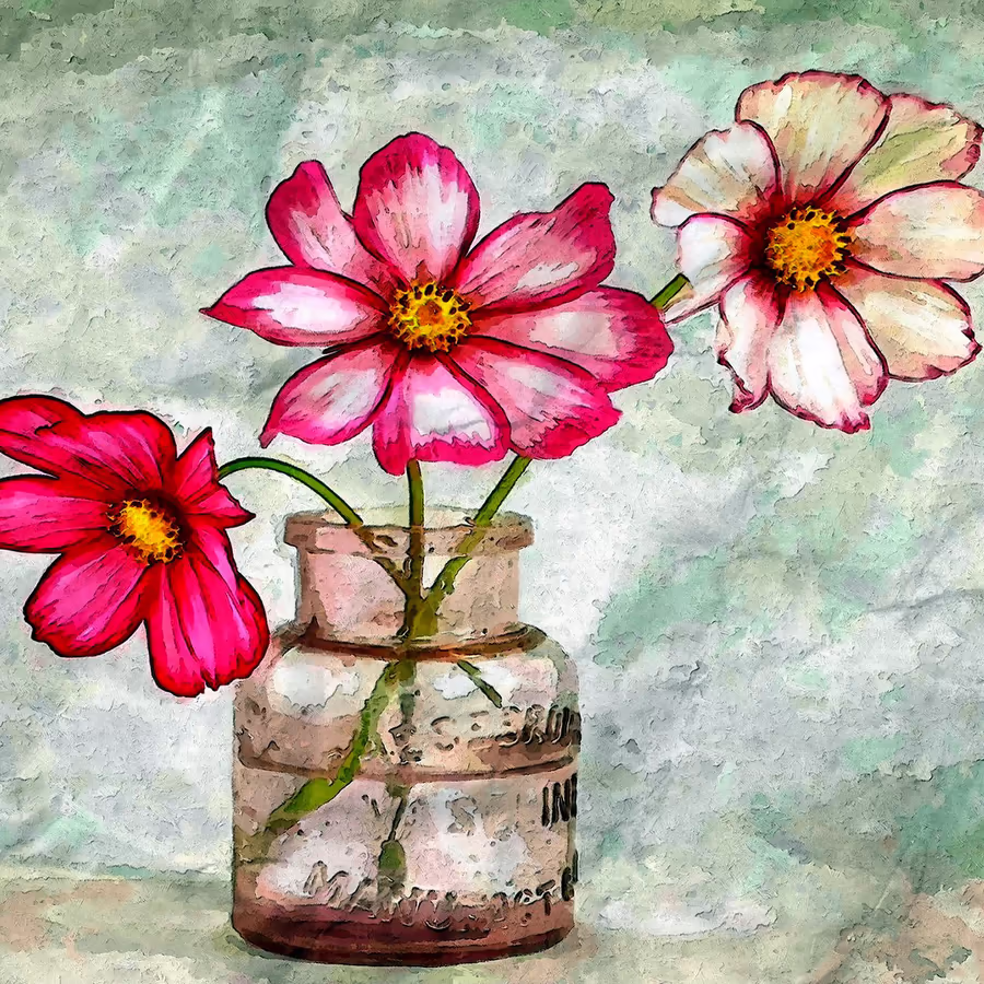 Букет ярких цветов в старой стеклянной вазе выполненный в акварельной технике