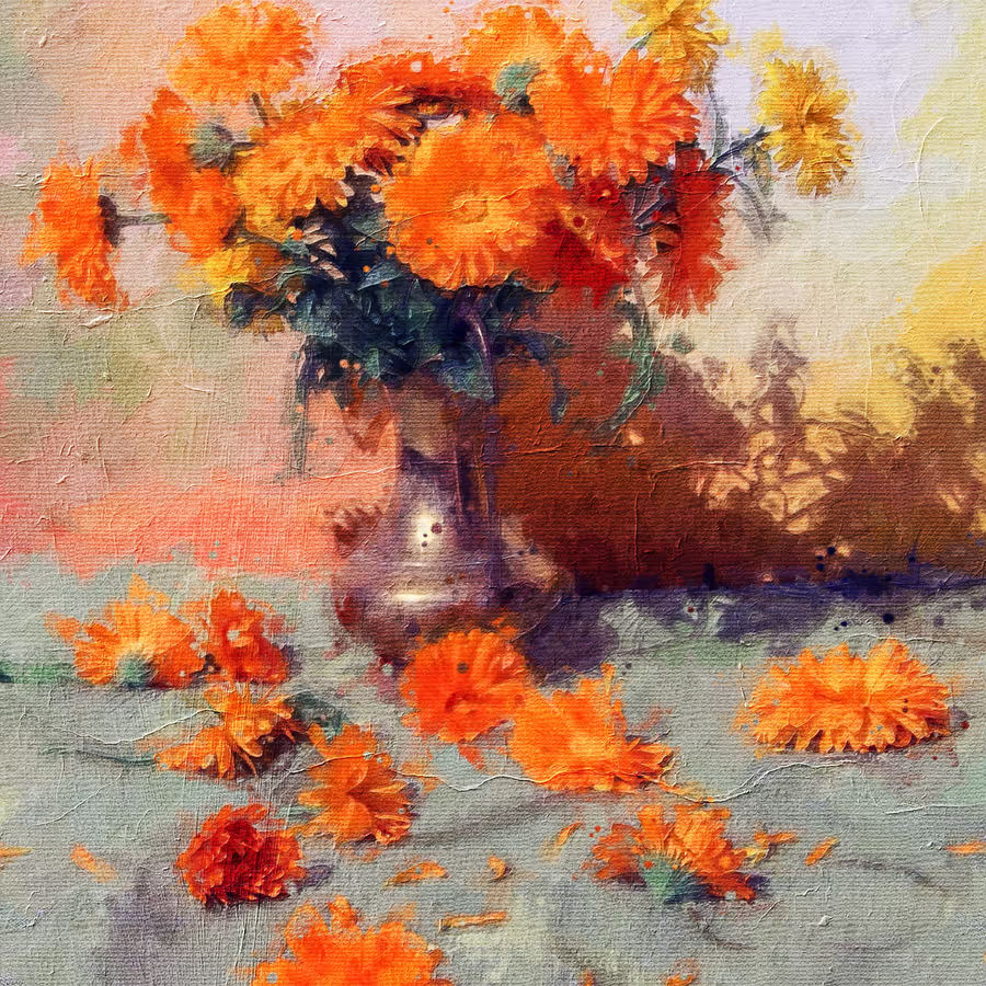 Букет ярких оранжевых астр в старинной вазе