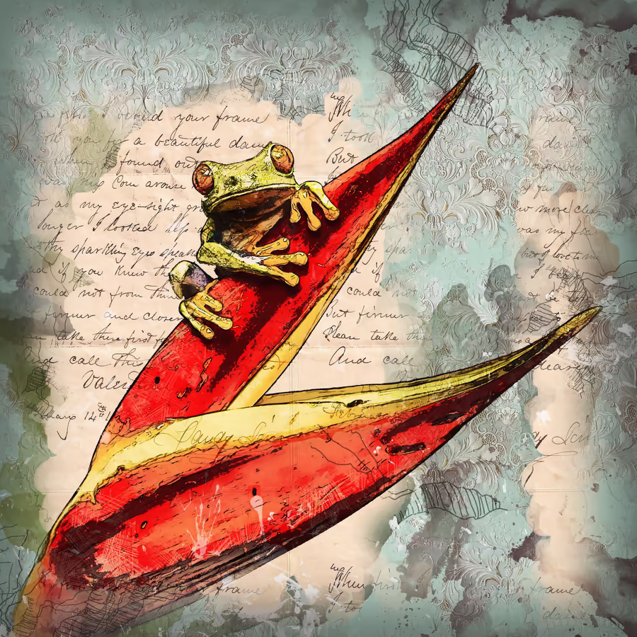 Яркая зеленая лягушка сидит на красном листе изображение в стиле коллажа с элементами старинной бумаги