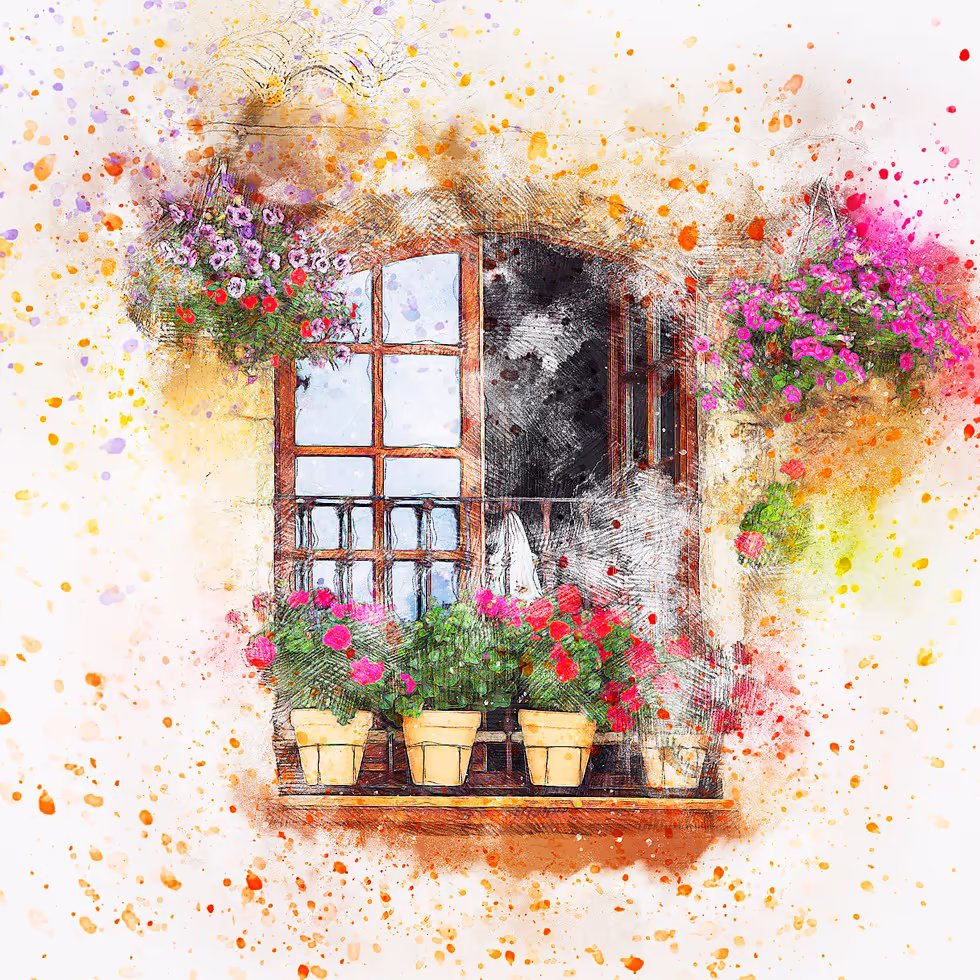 Яркое окно украшенное цветущими растениями создающее атмосферу уюта и тепла