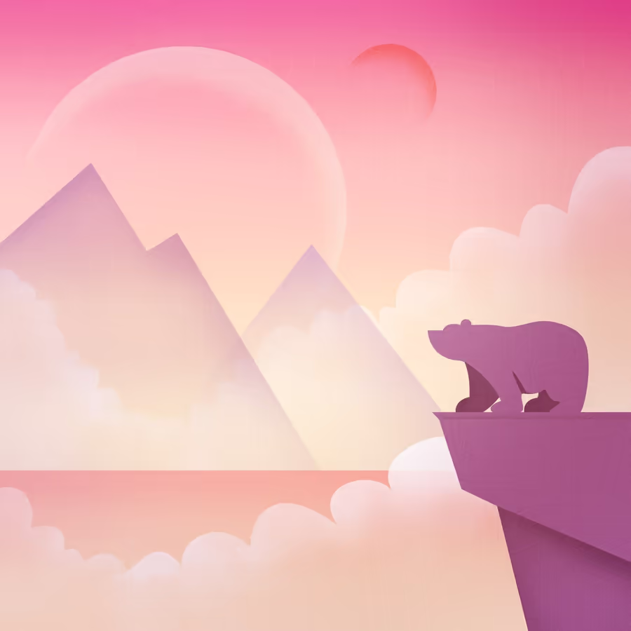 Спокойный белый медведь наблюдает за закатом в арктических горах