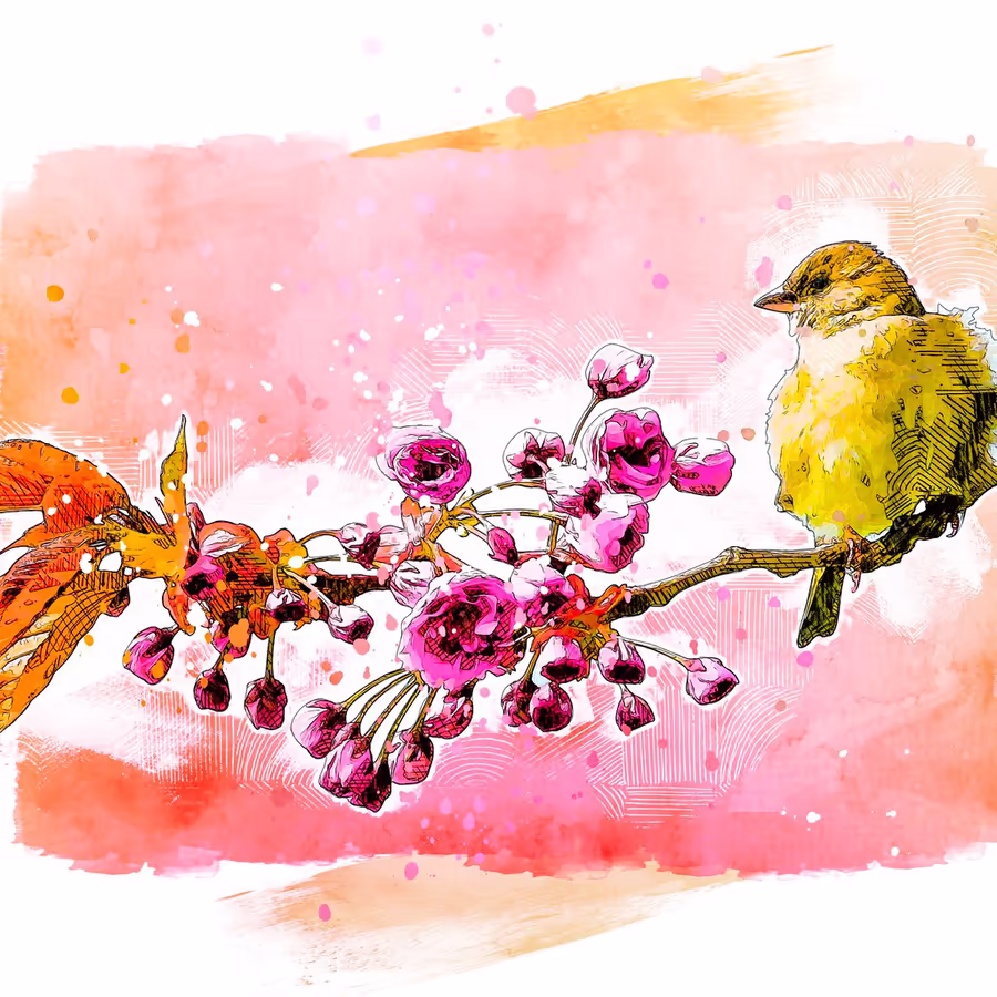 Милая синичка сидящая на розовой ветке сакуры