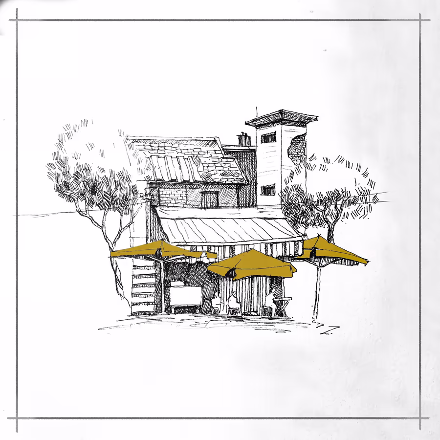 Рисунок уютного кафе с террасой и желтыми зонтами расположенного рядом с морем