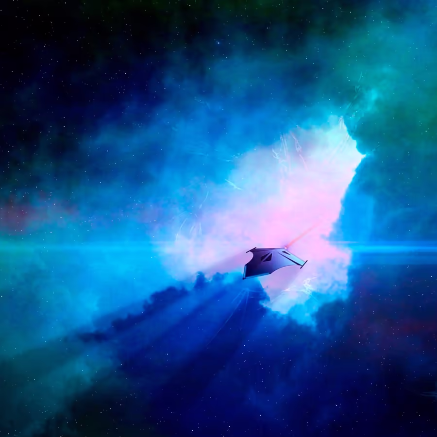 Фантастическое изображение космического корабля пролетающего сквозь яркую туманность