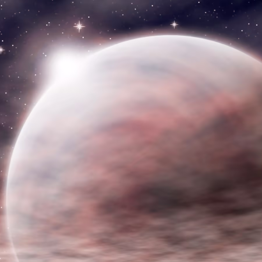 Фантазийное изображение экзопланеты с розовыми облаками