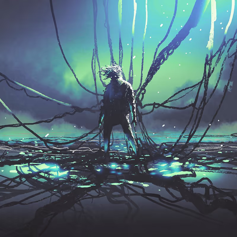 Фигура человека окутанная и растущая из переплетения темных корней в светящейся воде