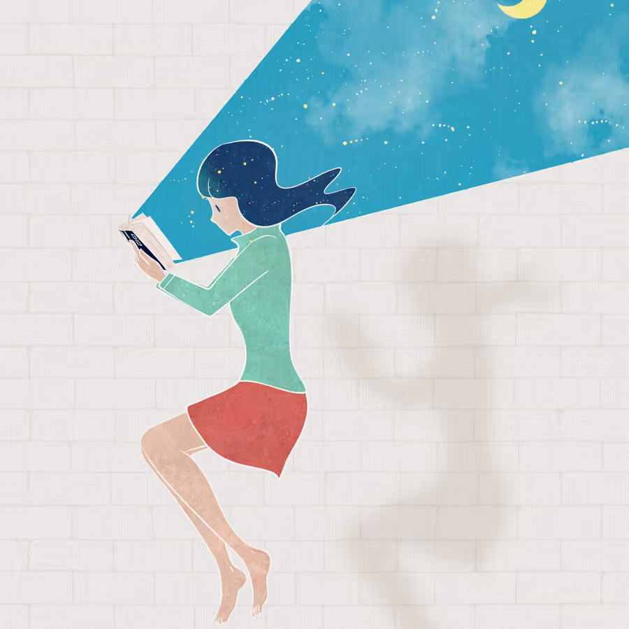 Девушка погружена в чтение из книги льется звездное небо