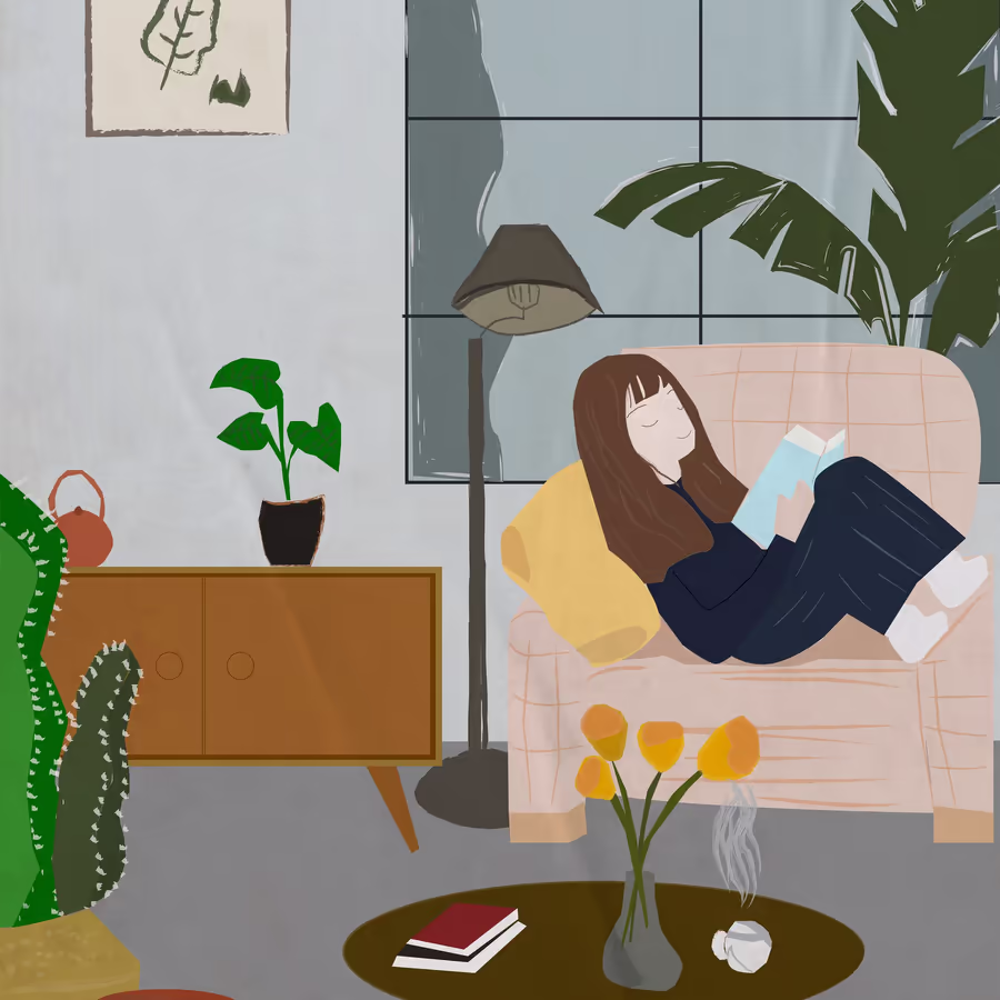 Девушка читает книгу в светлой гостиной