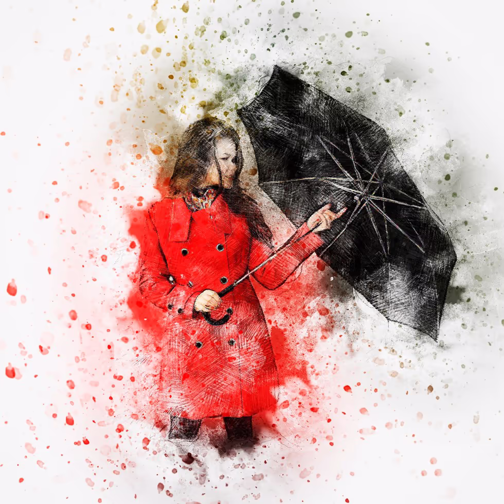 Изображение девушки в красном пальто под дождем выполненное в стиле акварели