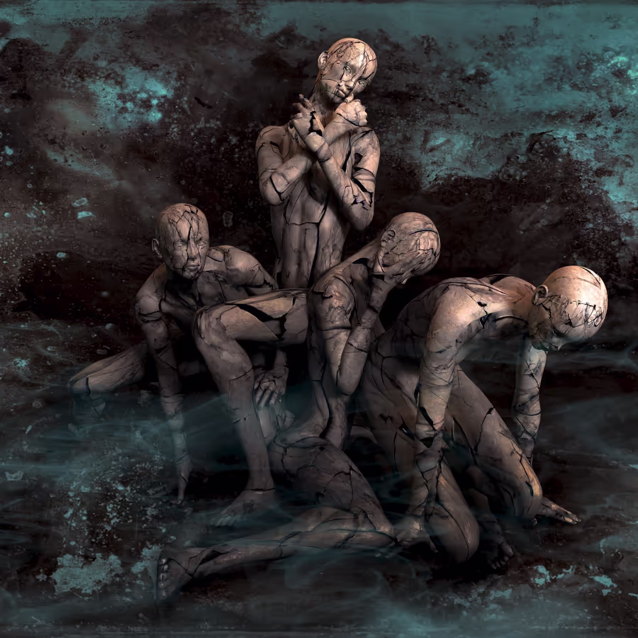 Группа человеческих фигур из треснувшего материала символизирующая уязвимость и разрушение