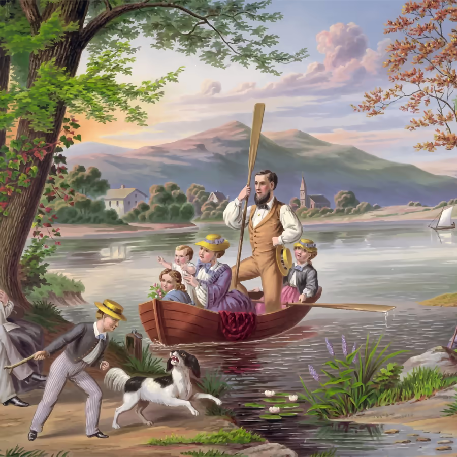 Счастливая семья катается на лодке по спокойному озеру в летний день