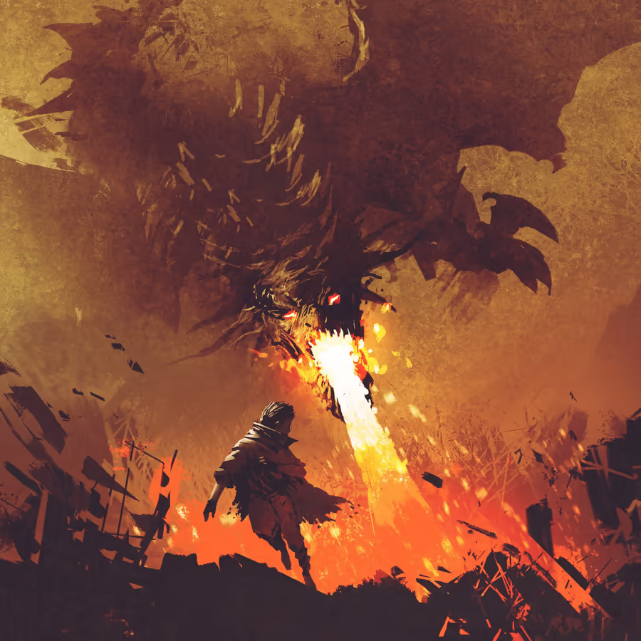 Герой противостоит огнедышащему дракону в разрушенном городе