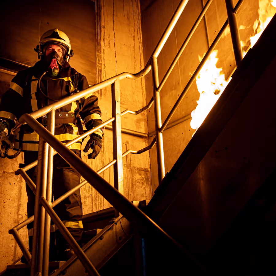 Героический пожарный борется с огнем