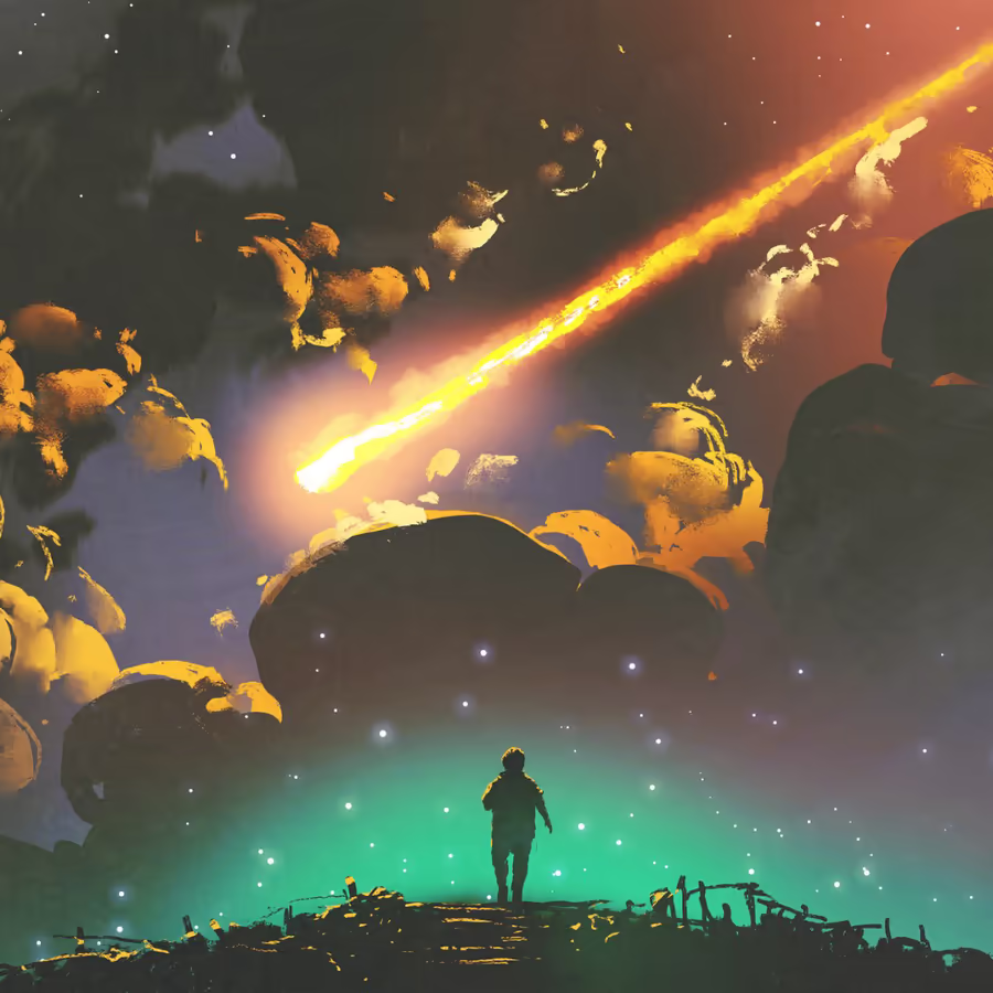 Одинокая фигура смотрит на яркую падающую звезду в ночном небе