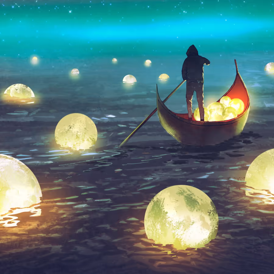 Одинокий гребец в лодке плывет по морю усеянному лунами