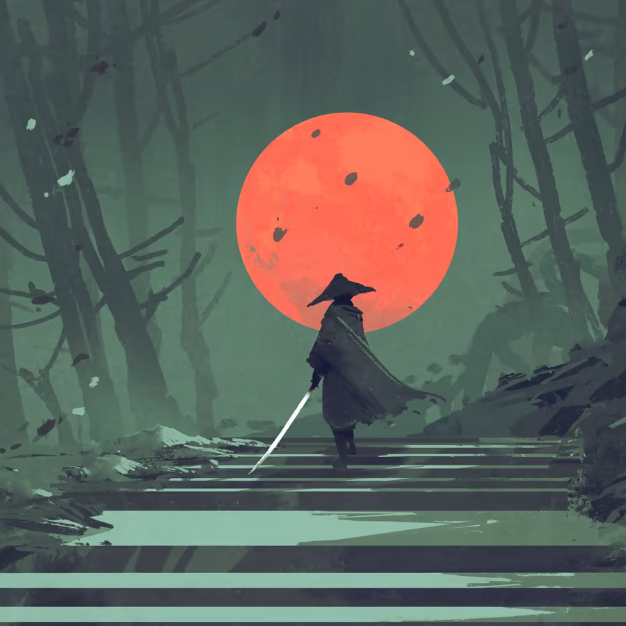 Одинокий самурай идет по лесной тропе в свете огромной красной луны