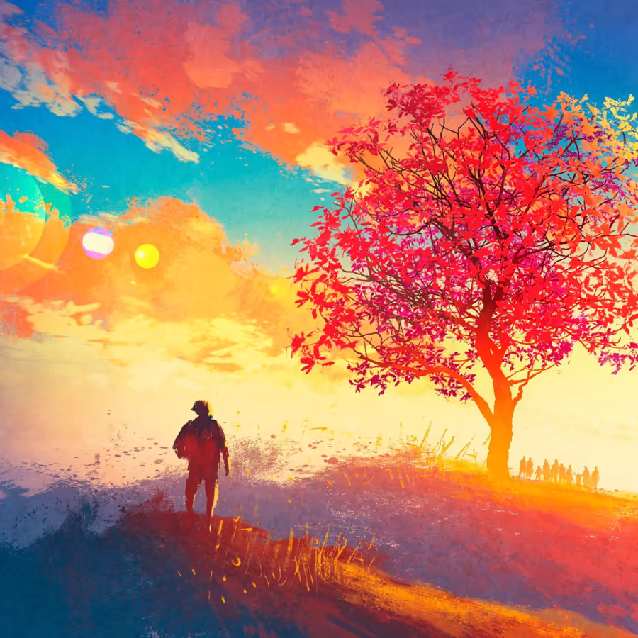 Человек идущий по холму навстречу живописному закату с алым деревом
