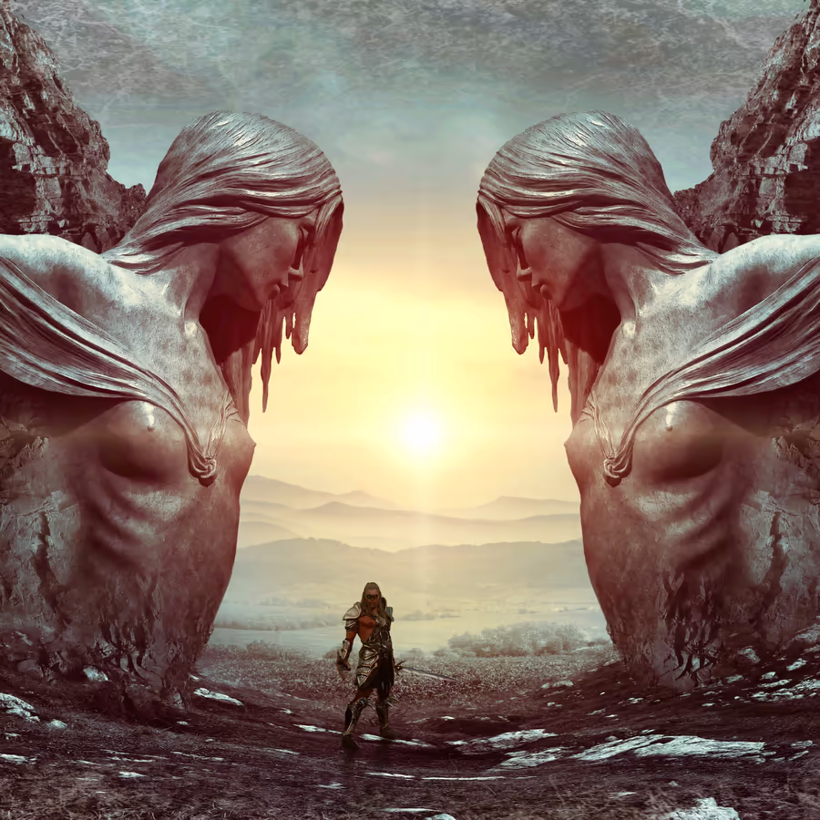 Одинокий воин перед исполинскими статуями плачущих богинь