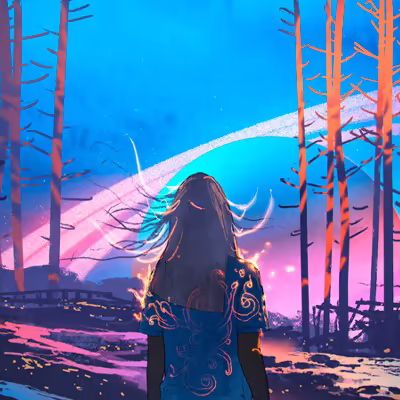 Одинокая девушка наблюдает за огромной планетой с кольцами парящей над лесом