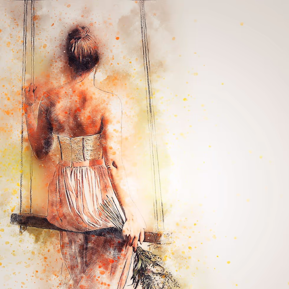 Девушка с букетом цветов сидит одна на качелях погруженная в свои мысли