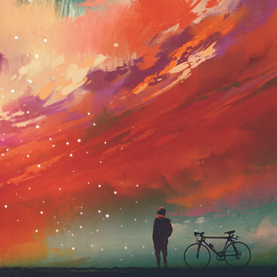 Одинокий человек смотрит на звездное небо с велосипедом