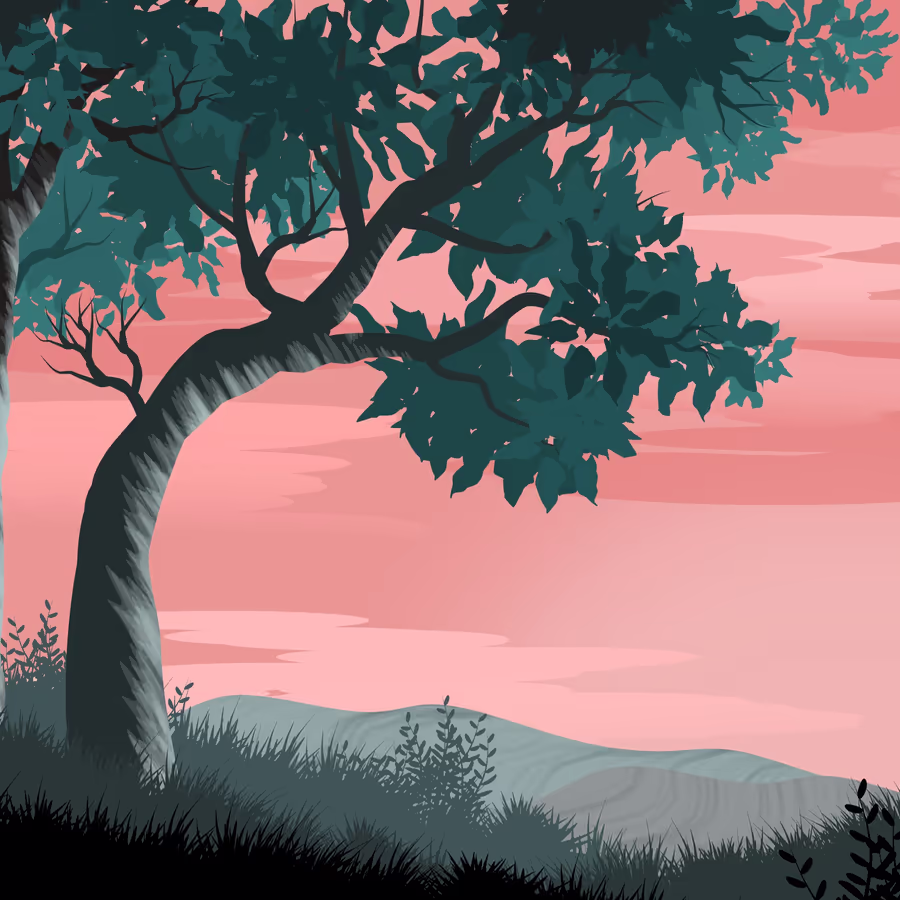 Изображение одинокого дерева на фоне розового заката