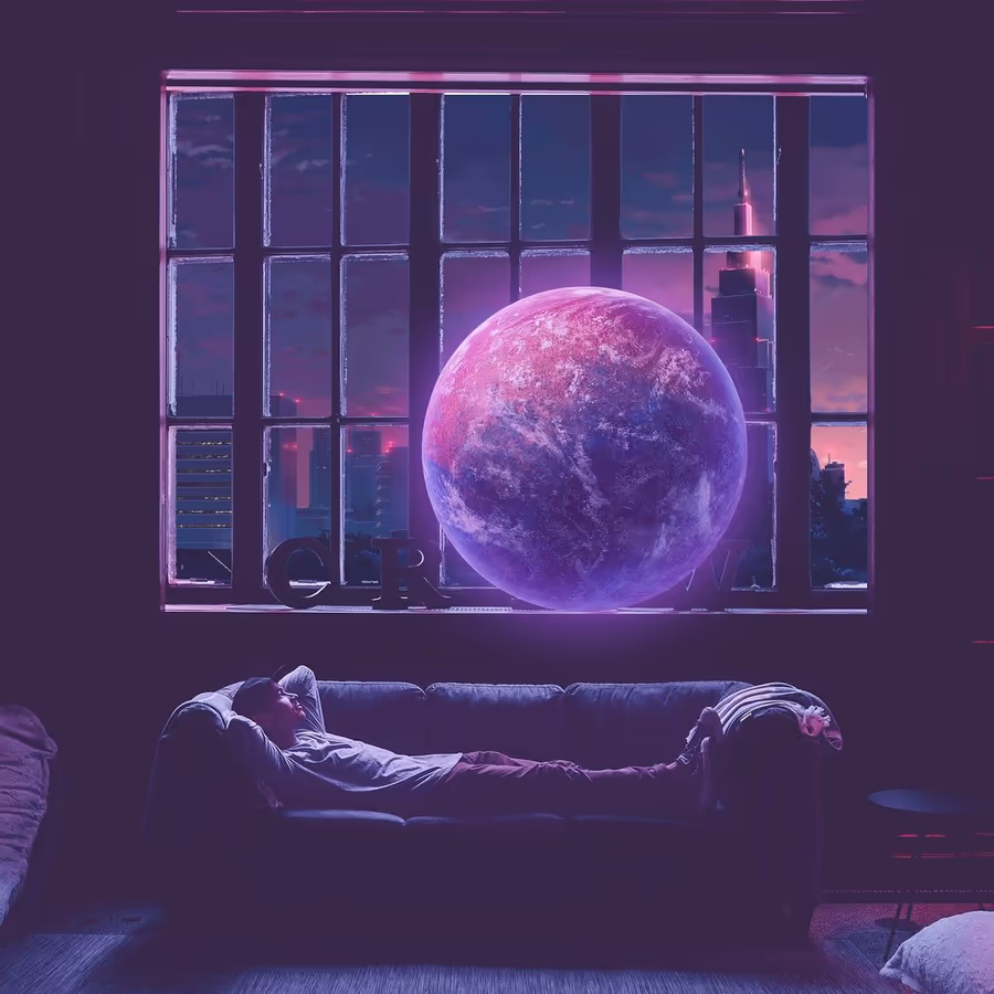 Человек лежит на диване и смотрит на огромную планету за окном