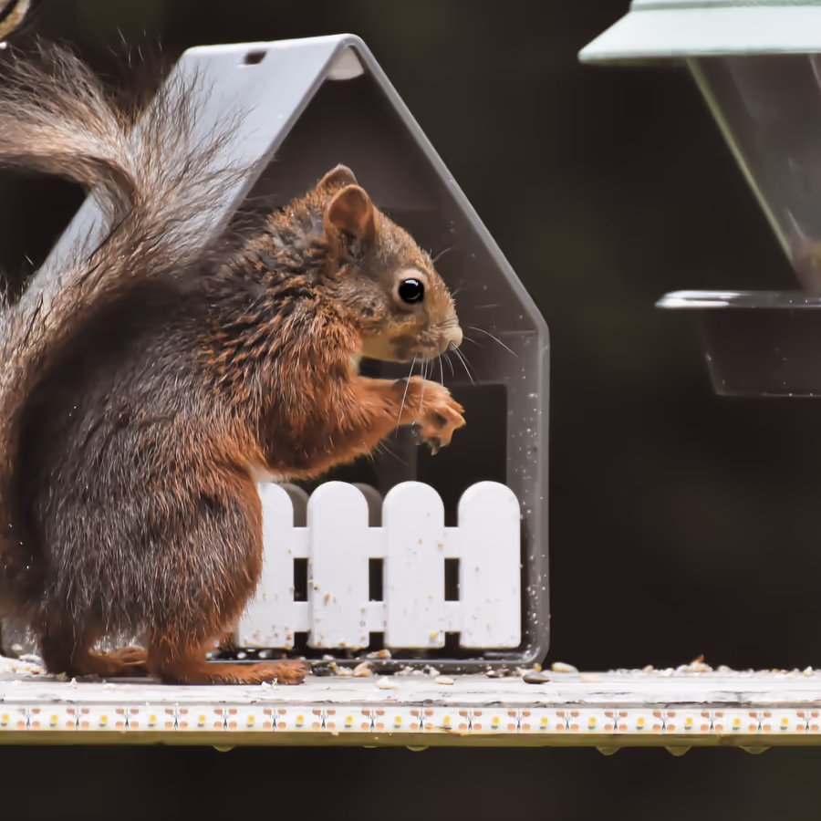 Рыжая белка лакомится семечками из специальной кормушки