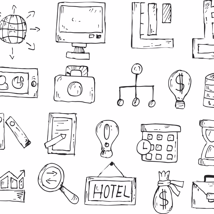 Схематичные рисунки различных объектов связанных с путешествиями бизнесом и информацией