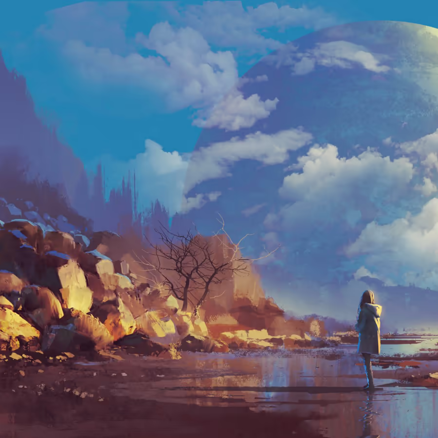 Одинокая фигура наблюдает закат на чужой планете