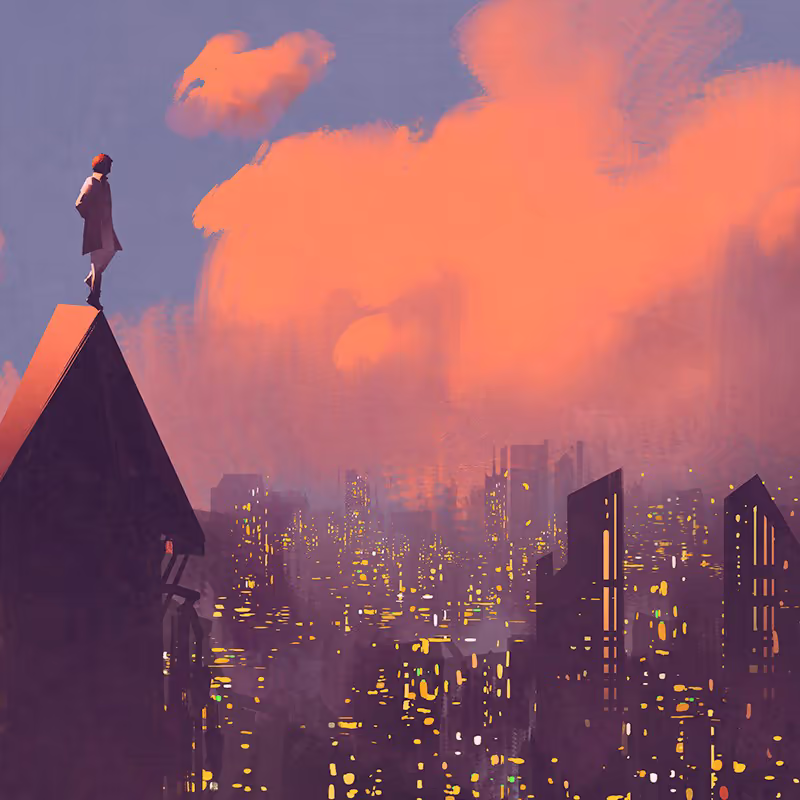 Одинокий человек наблюдает за городом с высоты