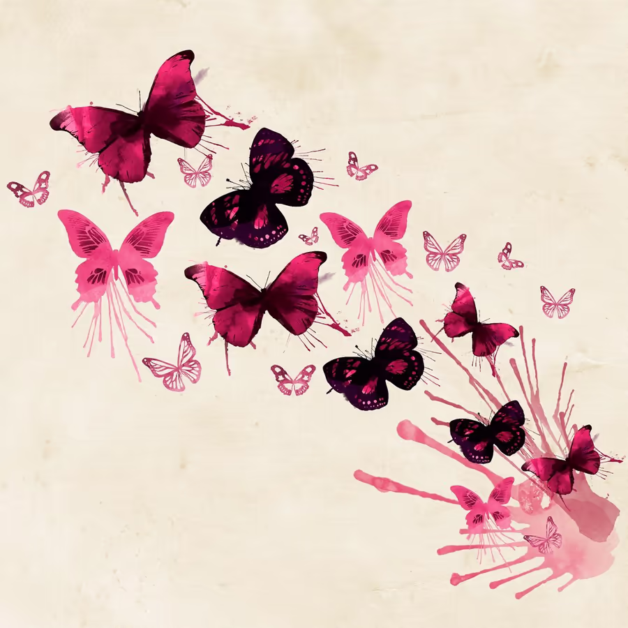Стая розовых бабочек написанных в стиле акварели