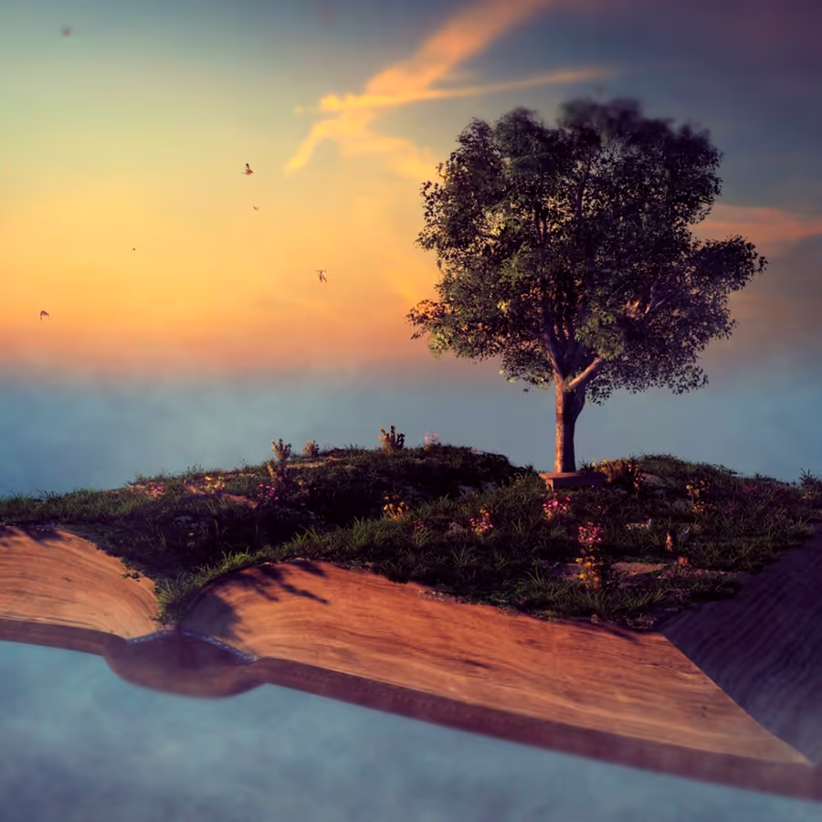 Дерево растущее на маленьком холме во время заката