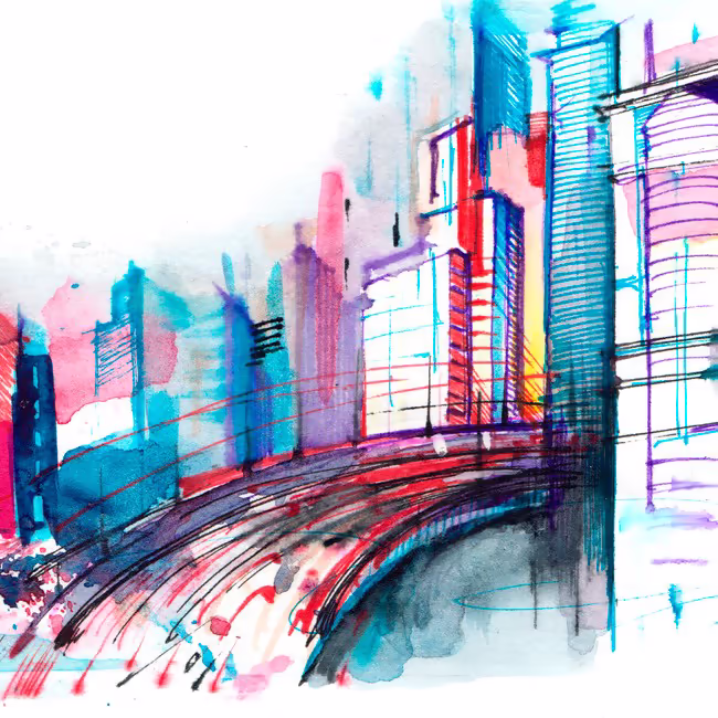 Яркий и динамичный вид современного города выполненный в технике акварели