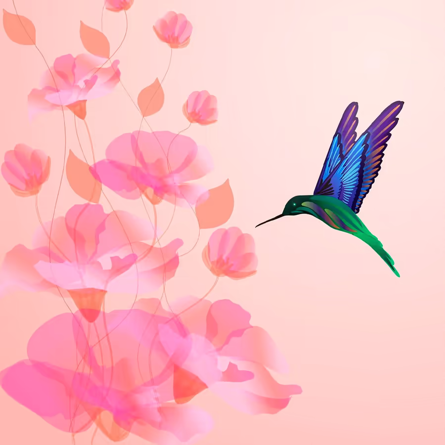 Яркое изображение колибри возле нежных розовых цветов