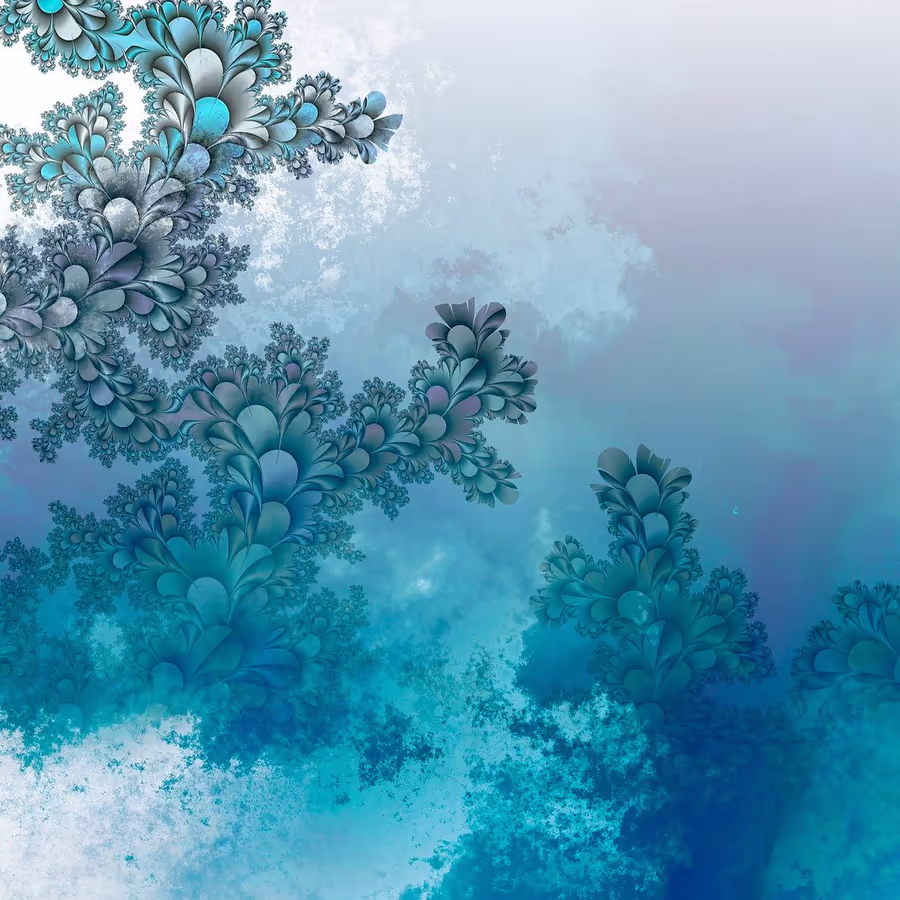 Абстрактный фрактал в сине-голубых тонах напоминающий подводный мир или зимний лес