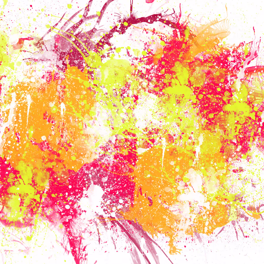 Абстрактная картина с яркими брызгами краски напоминающими осенний закат и силуэтом дерева