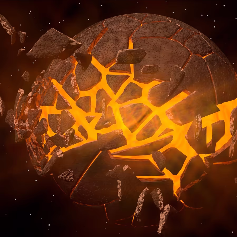 Изображение показывает планету раскалывающуюся на части с извержением магмы