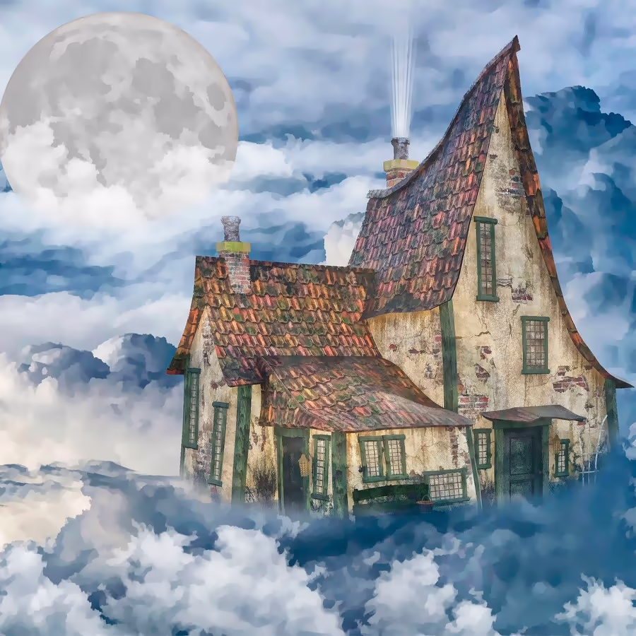 Старинный домик с дымом из трубы парит среди облаков под луной
