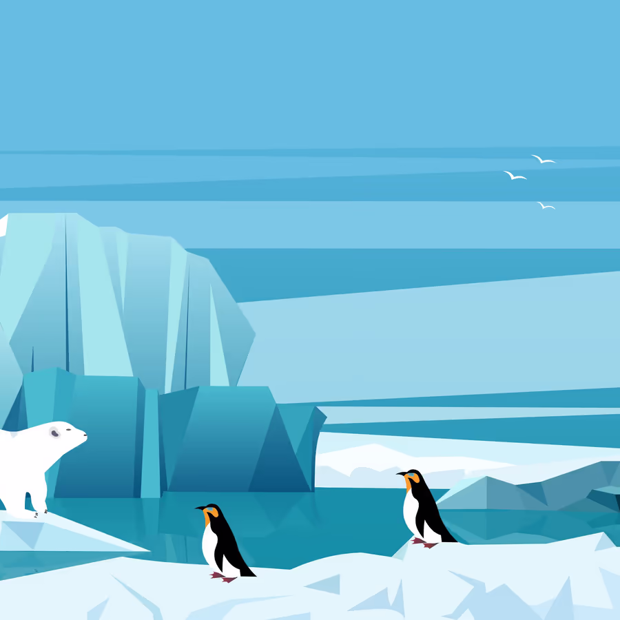 Иллюстрация арктического ландшафта с айсбергами белым медведем и двумя пингвинами