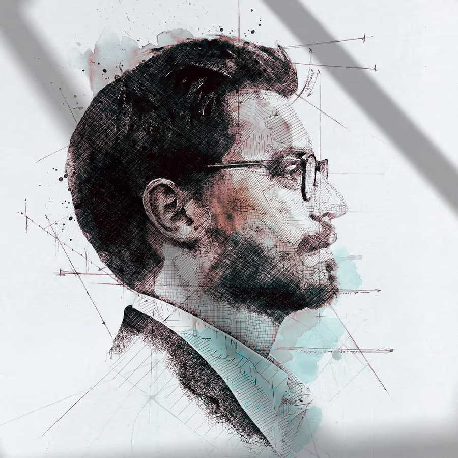 Художественный портрет Илона Маска выполненный в технике графического эскиза с элементами акварели