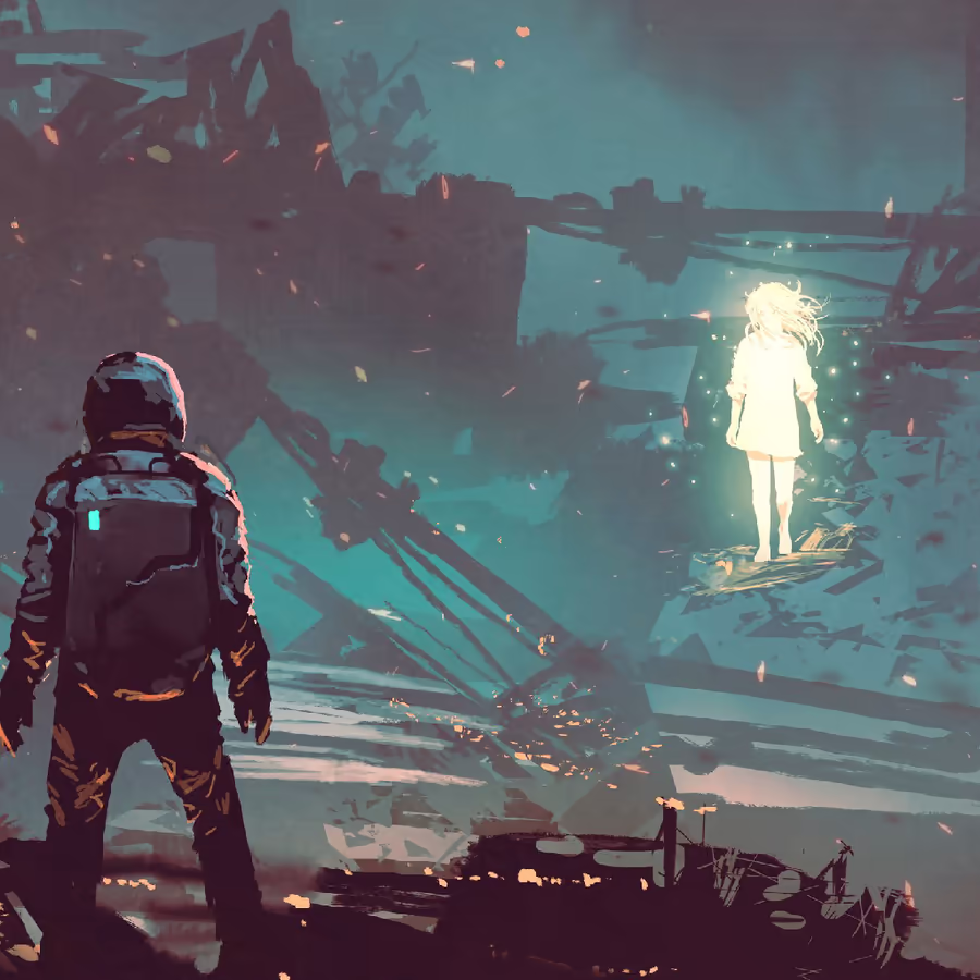 Космонавт встречает призрачную фигуру среди разрушенного пейзажа