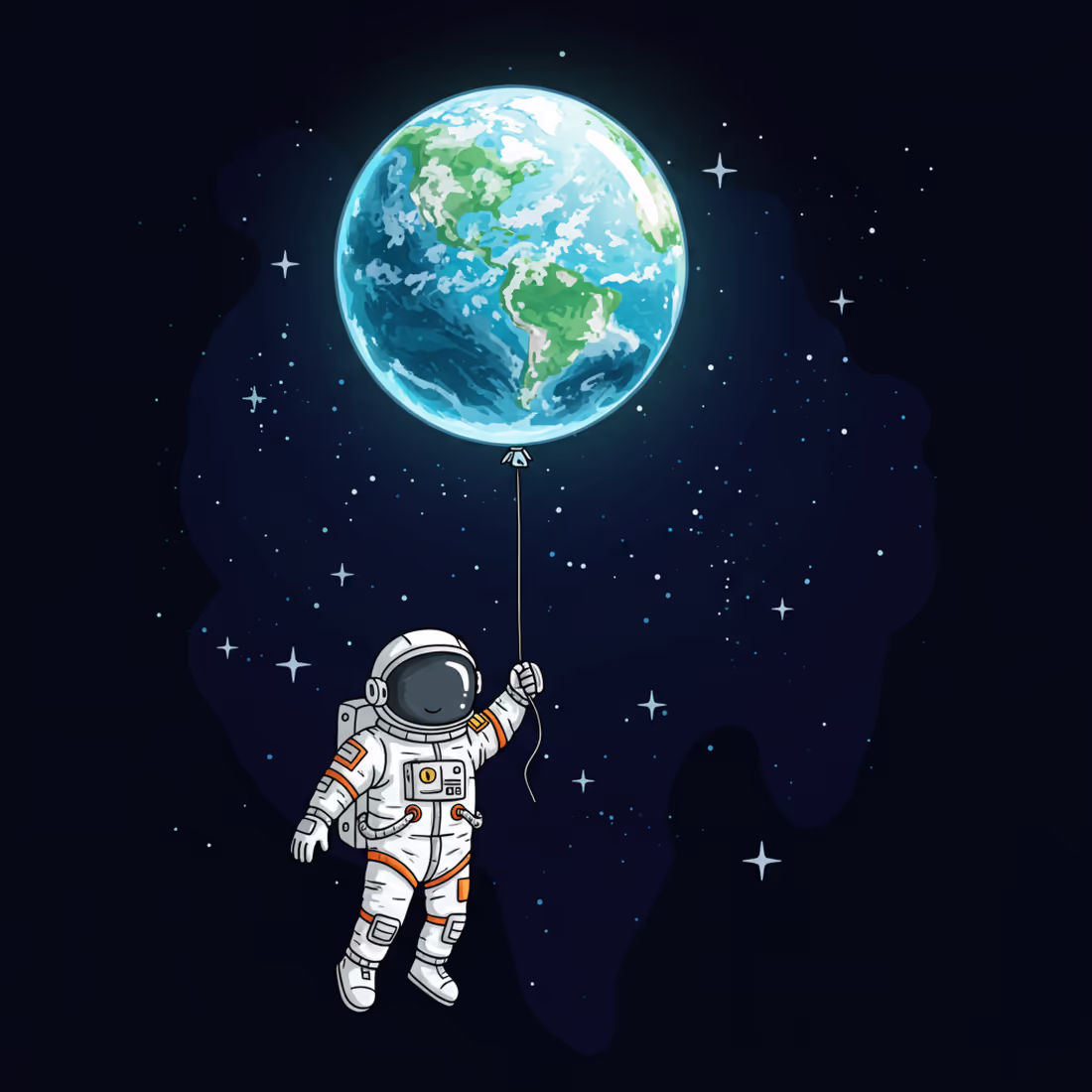 Астронавт держит Землю как воздушный шарик