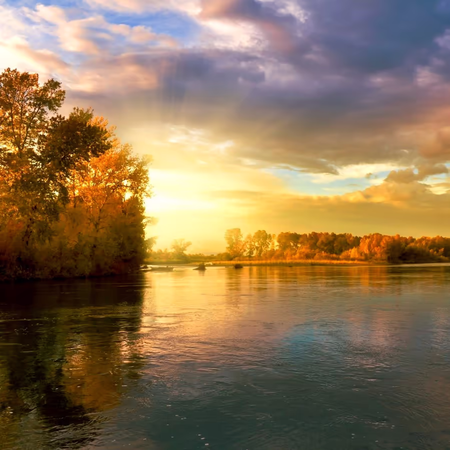 Красивый осенний пейзаж с золотым закатом и отражением в воде