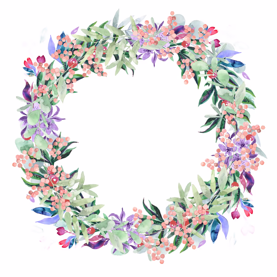 Красивый круглый венок выполненный в акварельной технике с использованием нежных цветов и розовых ягод
