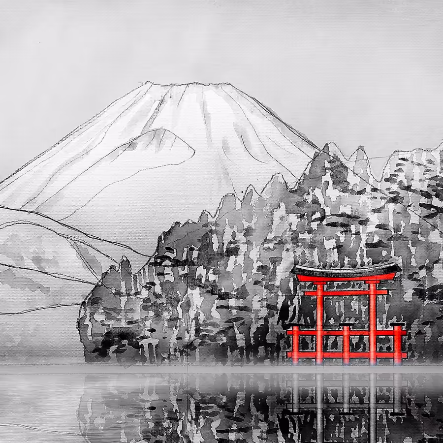 Черно-белая иллюстрация горы Фудзи с красными воротами тории
